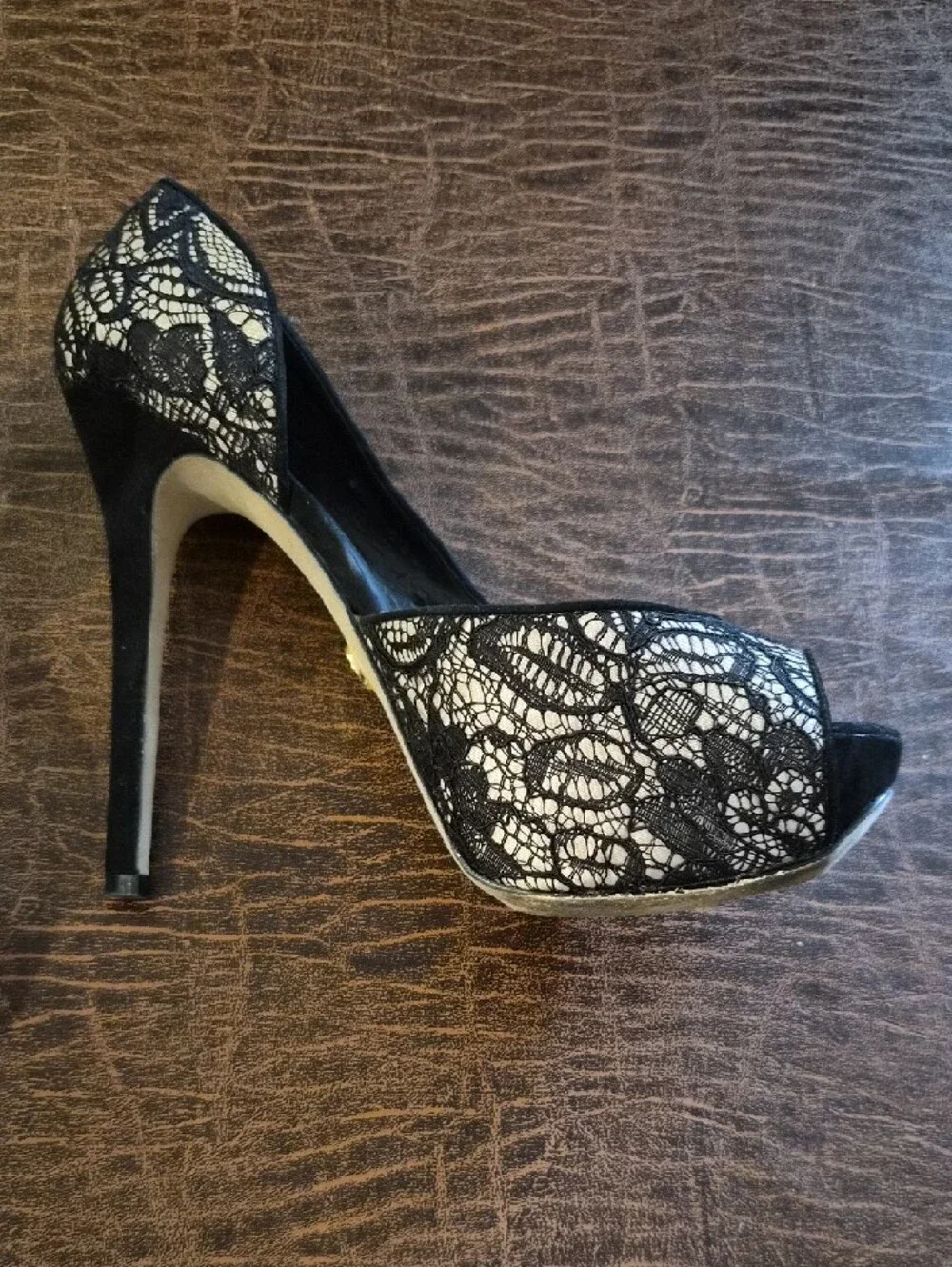 bebe Black and Cream Lace Peep-Toe Stilettos